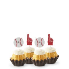 Lemon flavored mini bundt cakes topped with frosting with baseball and #1 foam finger toppers.