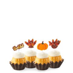 New! Lemon Thankful Turkey Bundtinis® topped with frosting and decorated with pumpkin and turkey toppers as well as a topper with Thankful written in cursive. 