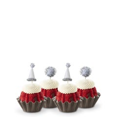 Red Velvet mini Bundt cakes (Bundtinis®) each topped with creamy white frosting and adorned with silver party hats and matching silver pom-poms.
