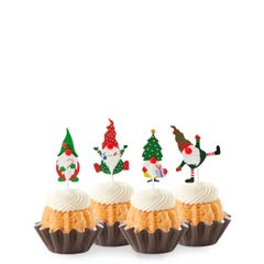 Strwaberries & Cream mini bundt cakes topped with four Christmas-themed gnome decorations: one in green with a mistletoe, one in red with a tree, one in stripes with a gift, and one in red and white.