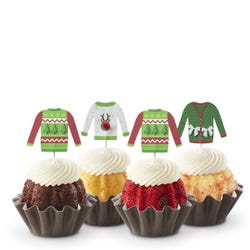 Last Chance! Each Bundtini&reg; is adorned with a festive holiday topper made up of different ugly Christmas sweaters. 